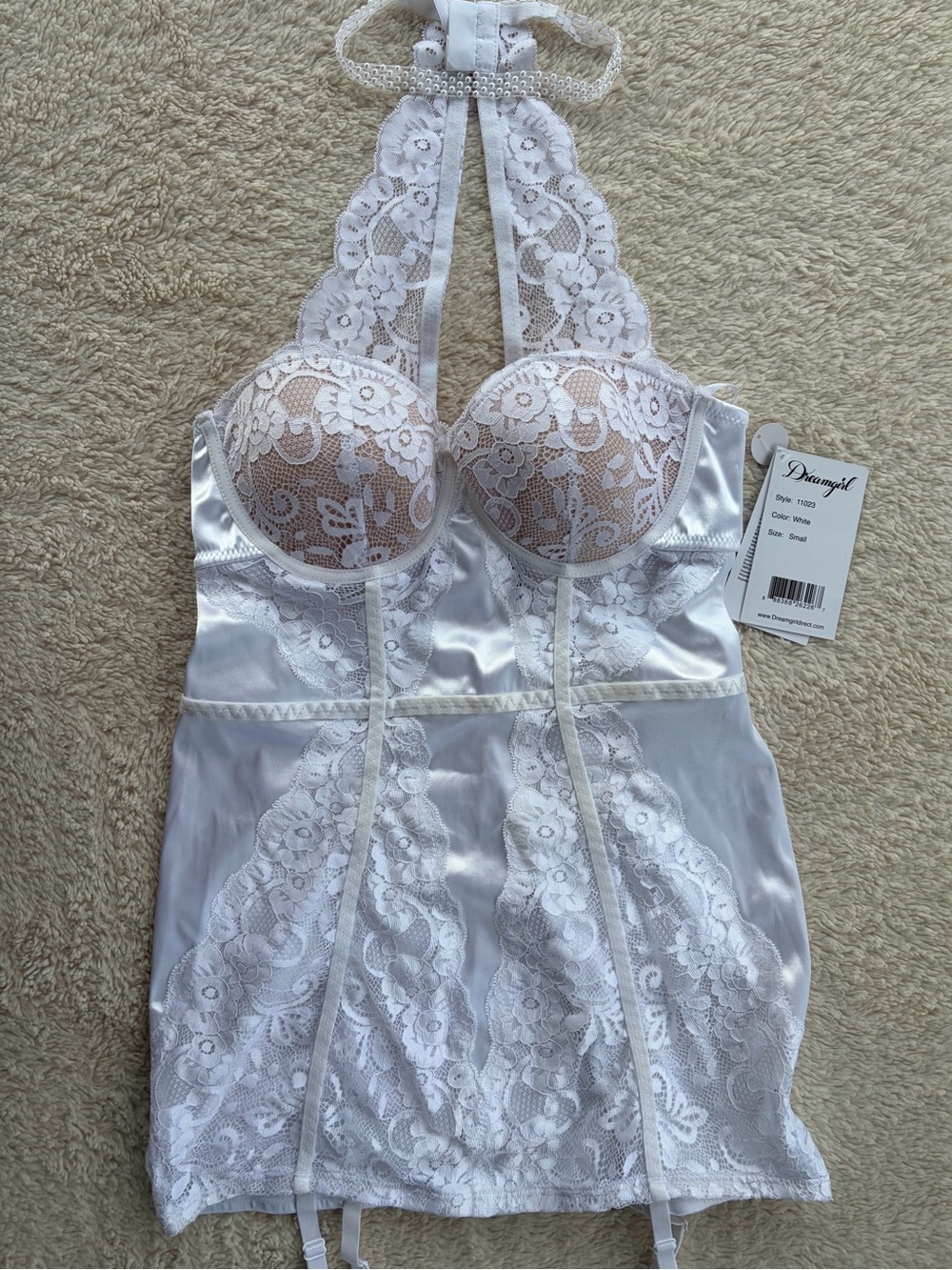 Dreamgirl White Lace Halter Chemise with Satin Panels and Built-In Bra